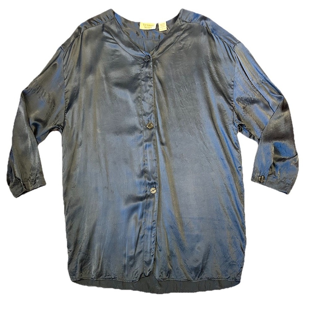 VTG Victoria's Secret Gold Label 100% Silk Nightshirt Sz Large Blue Button Front